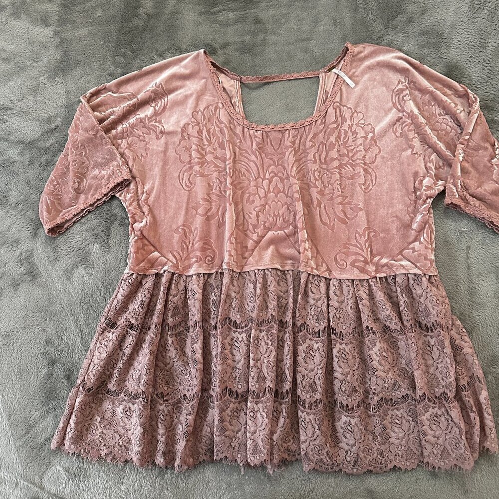 Free People Fortune Teller Velvet Lace Shirt Blouse Pink XS Extra Small